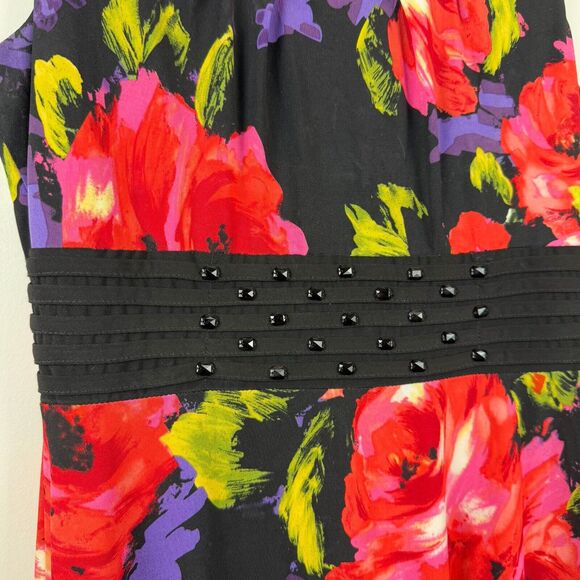 Perception Midi Floral Dress Women 10 Black Red Rose Sleeveless Beaded Bloomcore - Picture 6 of 9